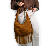 Bolso Boho Media Luna de Piel Gamuza Tan