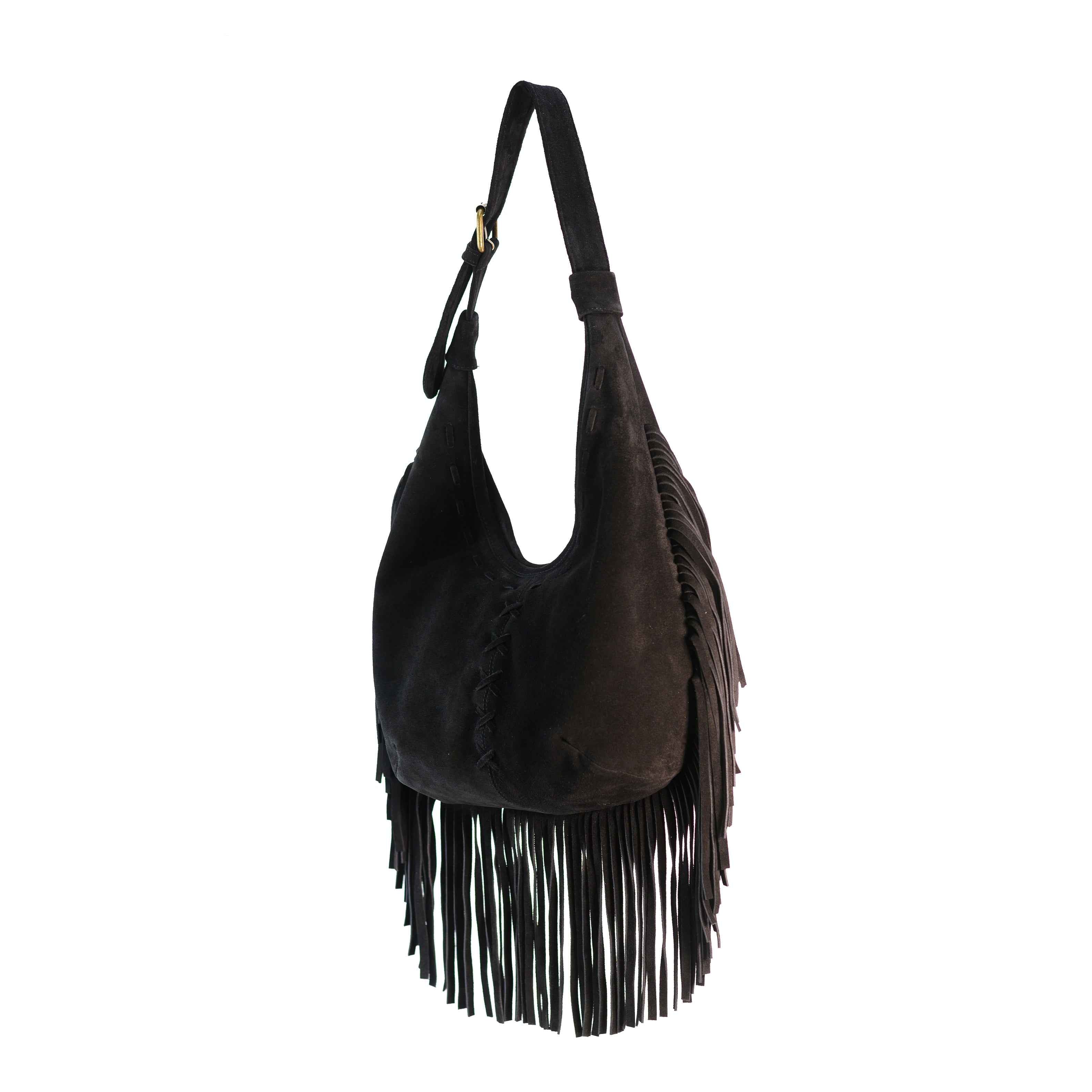 Bolso Boho Media Luna de Piel Gamuza Negro